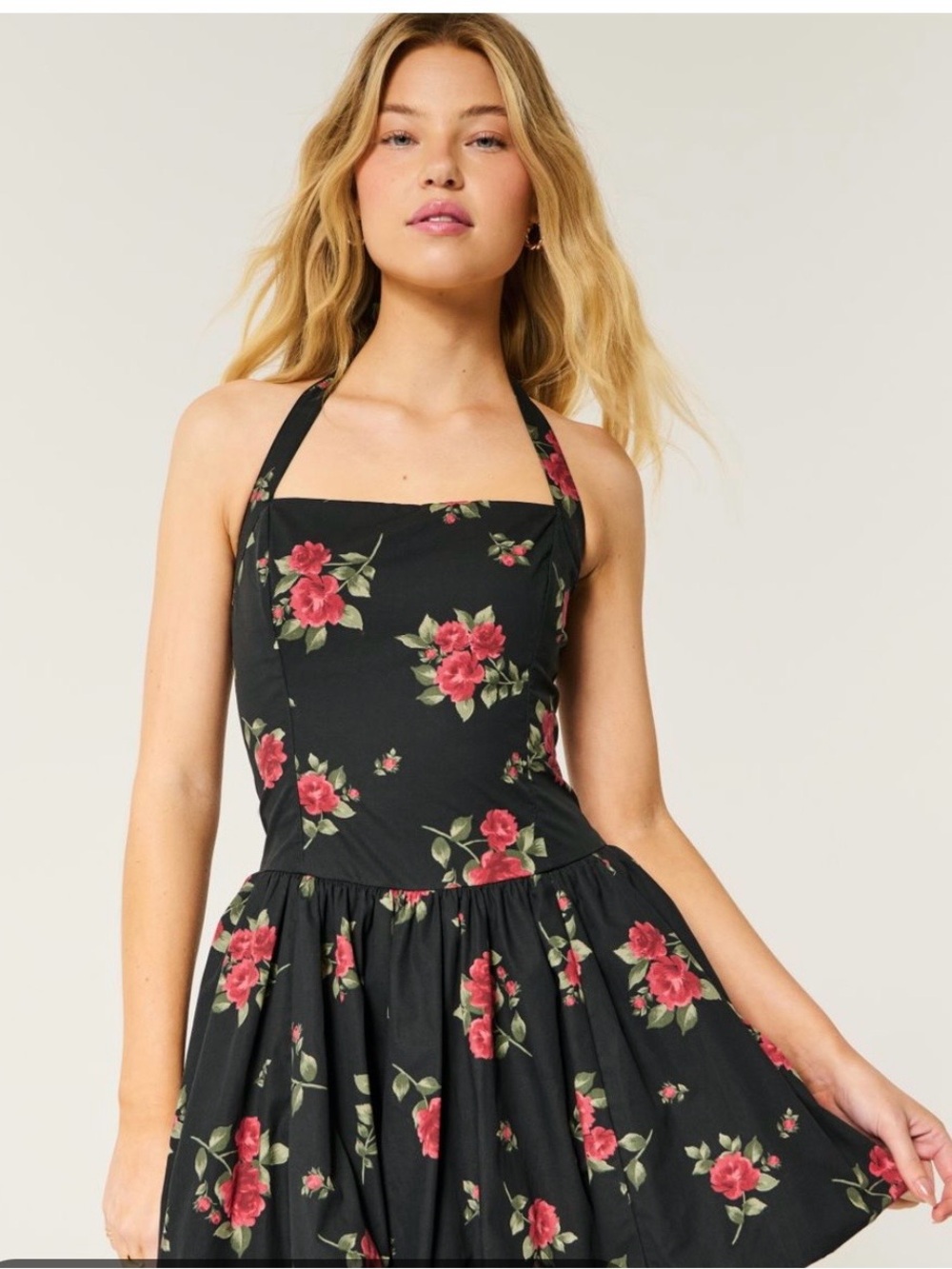 Hollister Black Halter Mini Dress with Red Rose Print XXL